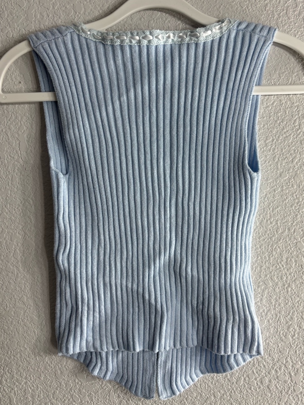 Altar'd State Light Blue Ribbed Lace-Trim Sweater Knit Vest Bow Tie Front Size S - Picture 3 of 5